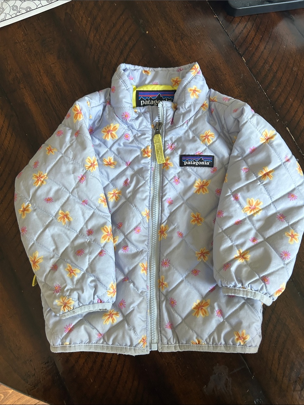 Patagonia Light Blue Quilted Floral Puffer Jacket with Yellow Flowers